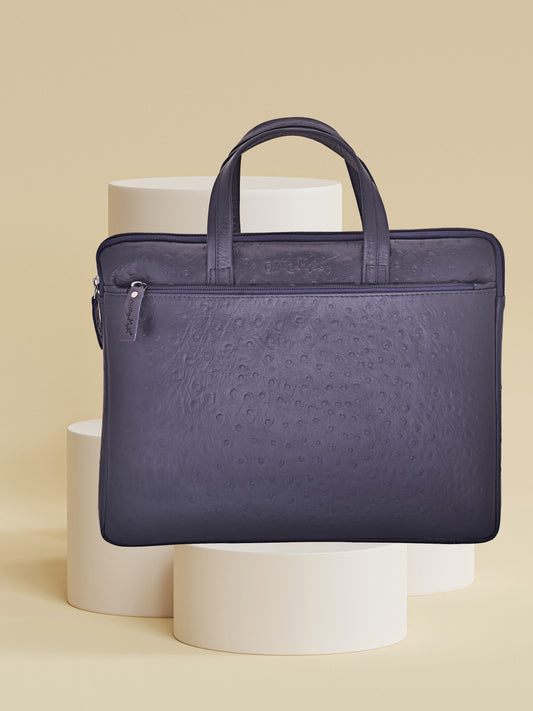 Unisex Blue Ostrich Textured Leather Laptop Bag 14 Inch (OMLS-011-O-BLUE)