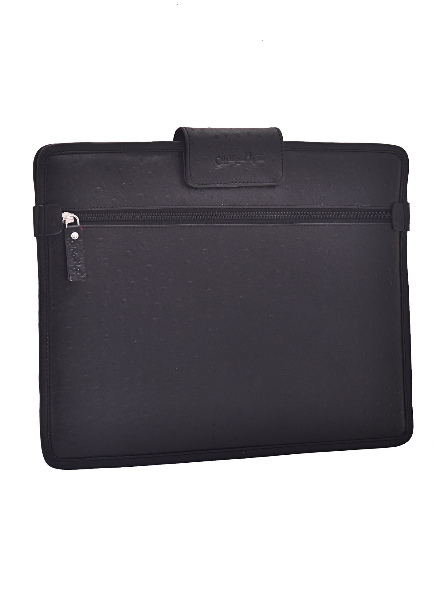 Unisex Black Ostrich Textured Leather Laptop Sleeve 14 Inch (OMLS-012-O-BLACK)