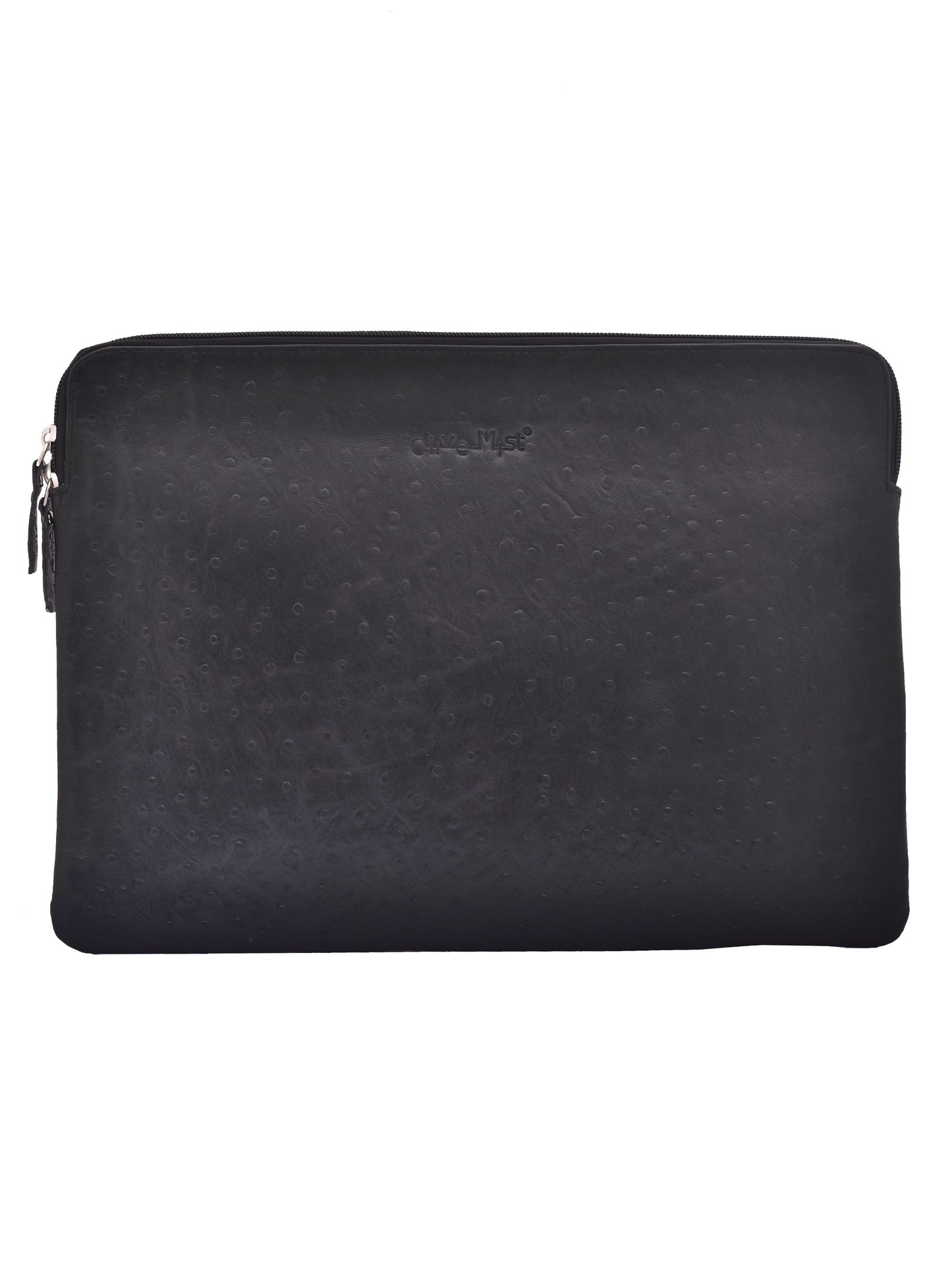 Unisex Black Ostrich Textured Leather Laptop Sleeve 14 Inch (OMLS-013-O-BLACK)