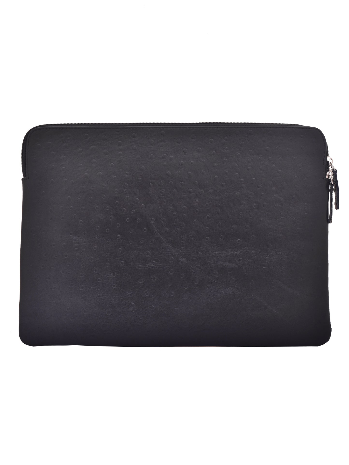 Unisex Black Ostrich Textured Leather Laptop Sleeve 14 Inch (OMLS-013-O-BLACK)