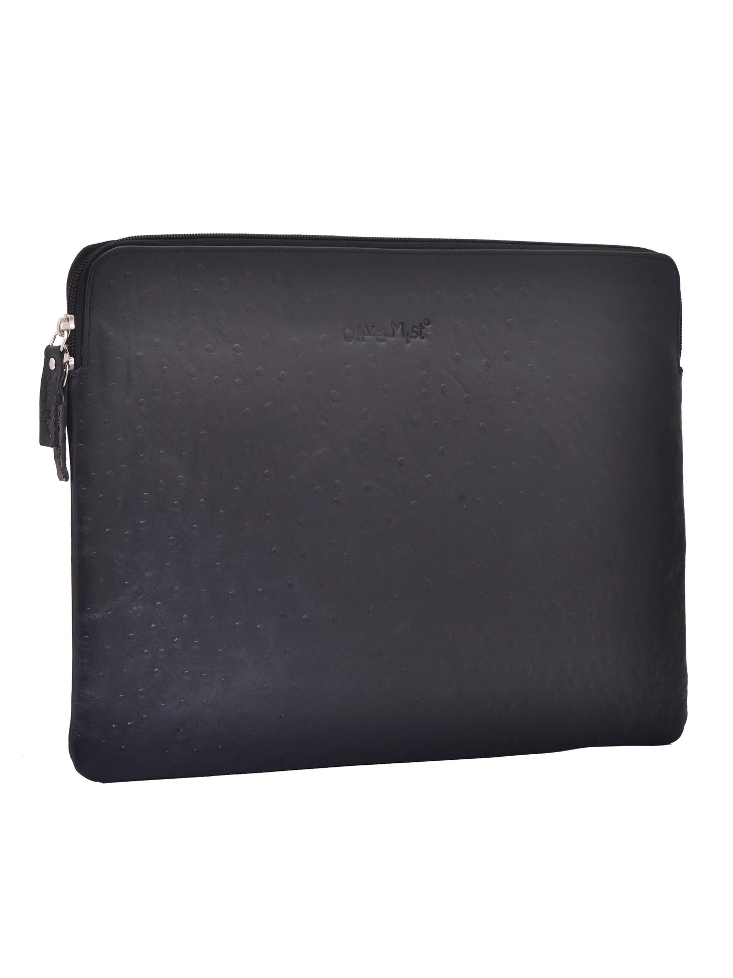 Unisex Black Ostrich Textured Leather Laptop Sleeve 14 Inch (OMLS-013-O-BLACK)