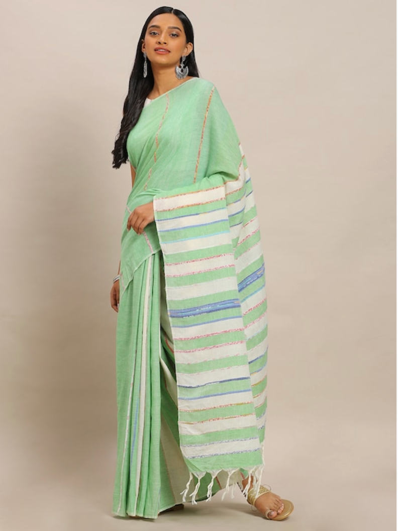 Sea Green & Cream-Coloured Pure Cotton Striped Linen Saree (NASR2-20-GREEN)