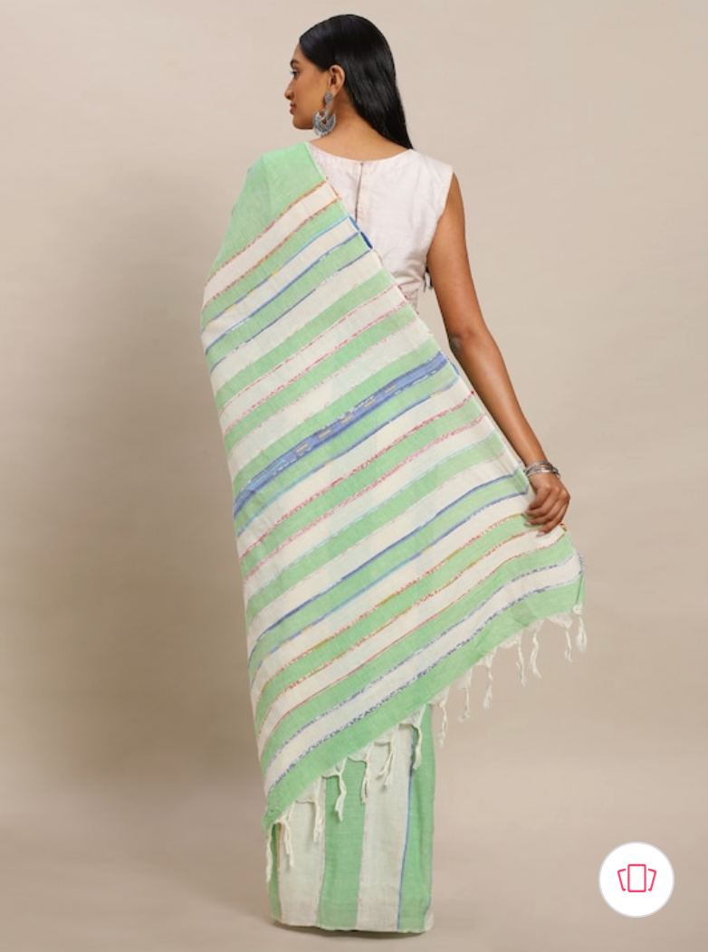 Sea Green & Cream-Coloured Pure Cotton Striped Linen Saree (NASR2-20-GREEN)