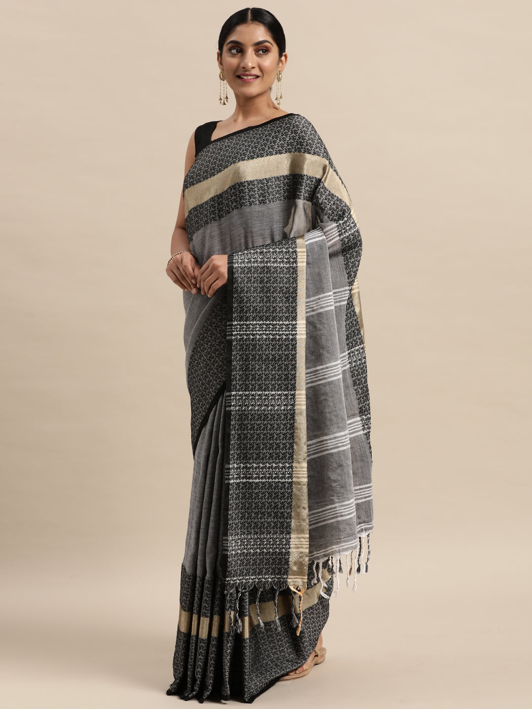 Grey & Black Paisley Handloom Pure Cotton Saree (TDSR4-25-GREY)