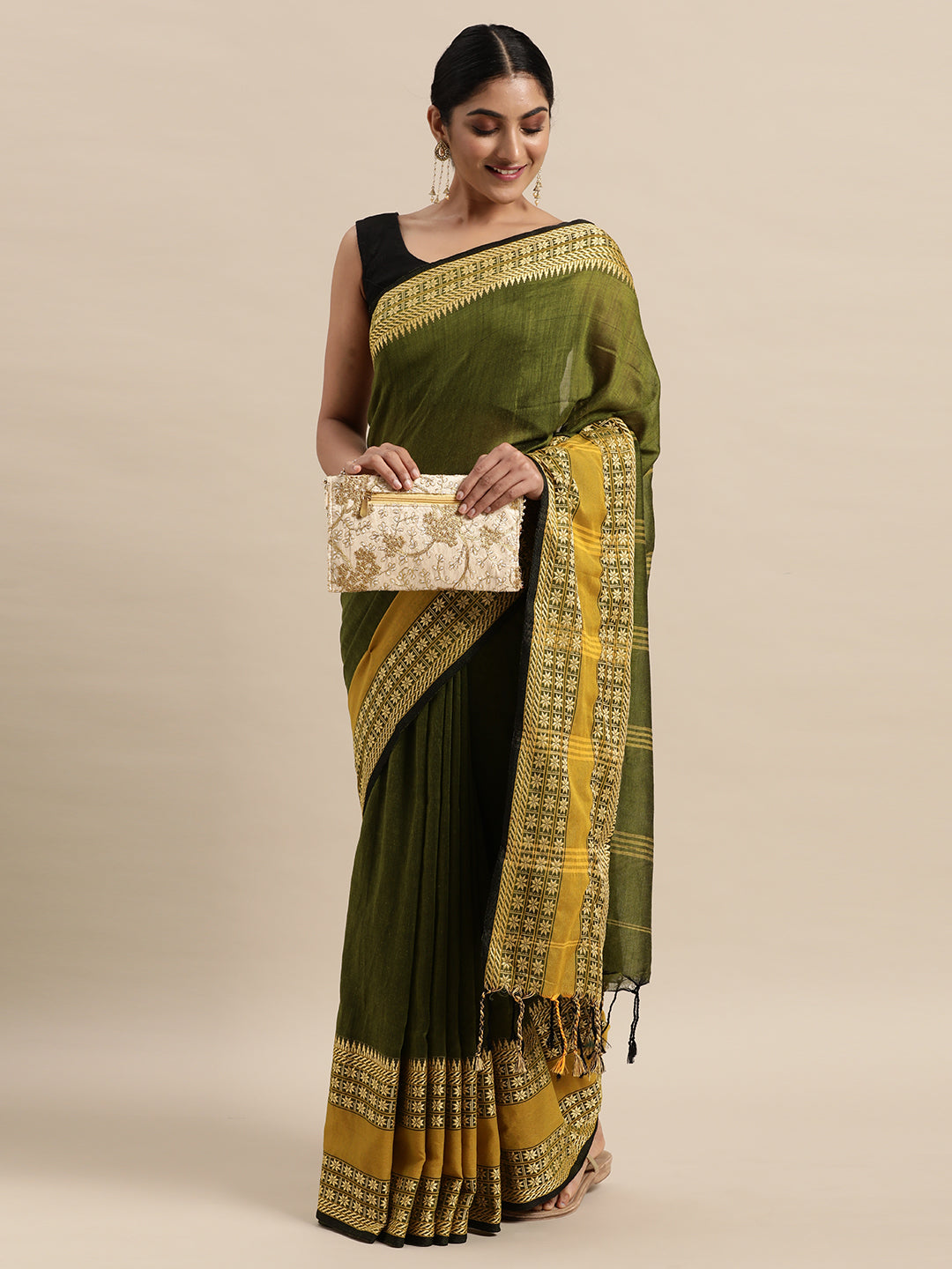 Pure Cotton Green & Mustard Floral Embroidered Handloom Saree (TDSR4-26-GREEN)