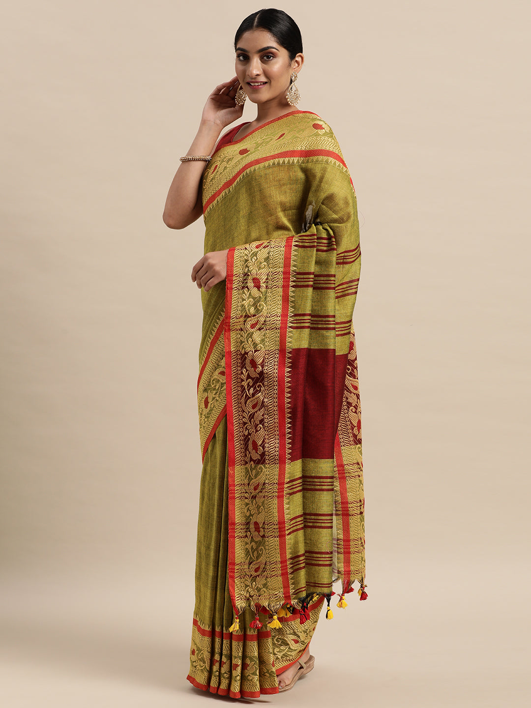 Green & Maroon Floral Handloom Pure Cotton Saree (TDSR4-27-GREEN)