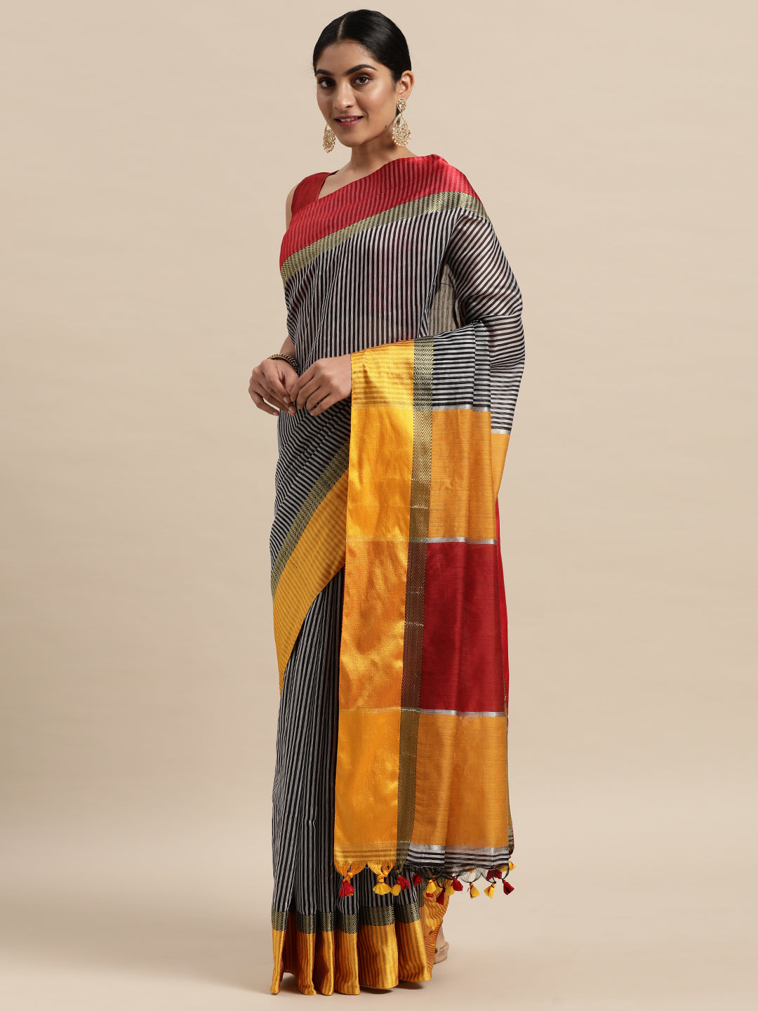 Black & Gold-Toned Striped Handloom Pure Cotton Saree (TDSR4-28-BLACK)