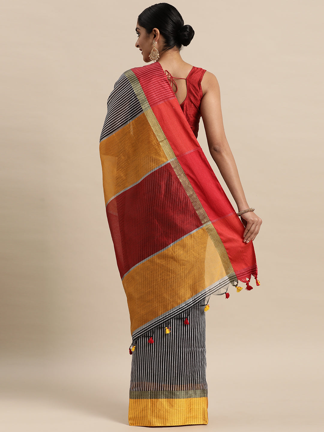 Black & Gold-Toned Striped Handloom Pure Cotton Saree (TDSR4-28-BLACK)