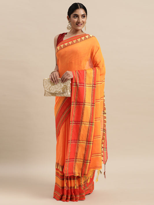 Orange & Red Striped Handloom Pure Cotton & Saree (TDSR4-29-ORANGE)