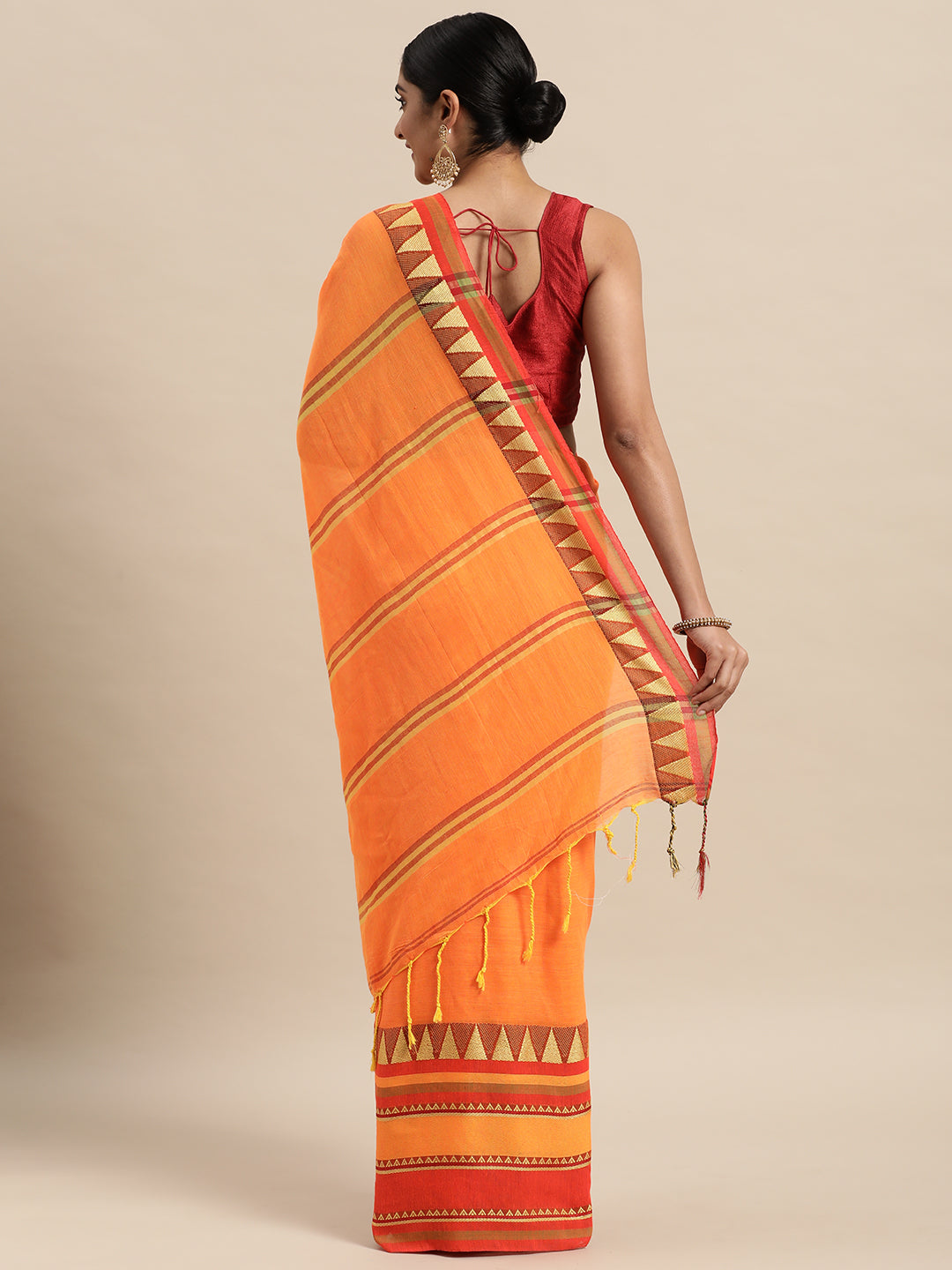 Orange & Red Striped Handloom Pure Cotton & Saree (TDSR4-29-ORANGE)