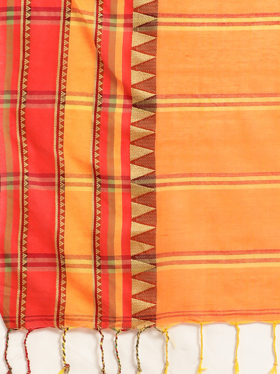 Orange & Red Striped Handloom Pure Cotton & Saree (TDSR4-29-ORANGE)